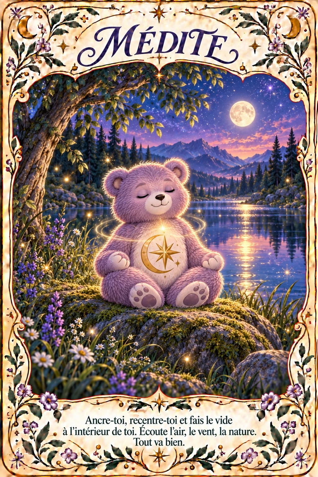 Carte Médite : un ourson violet médite près d’un lac sous la lune. Message : Ancre-toi, recentre-toi et fais le vide à l’intérieur de toi. Écoute l’air, le vent, la nature. Tout va bien.