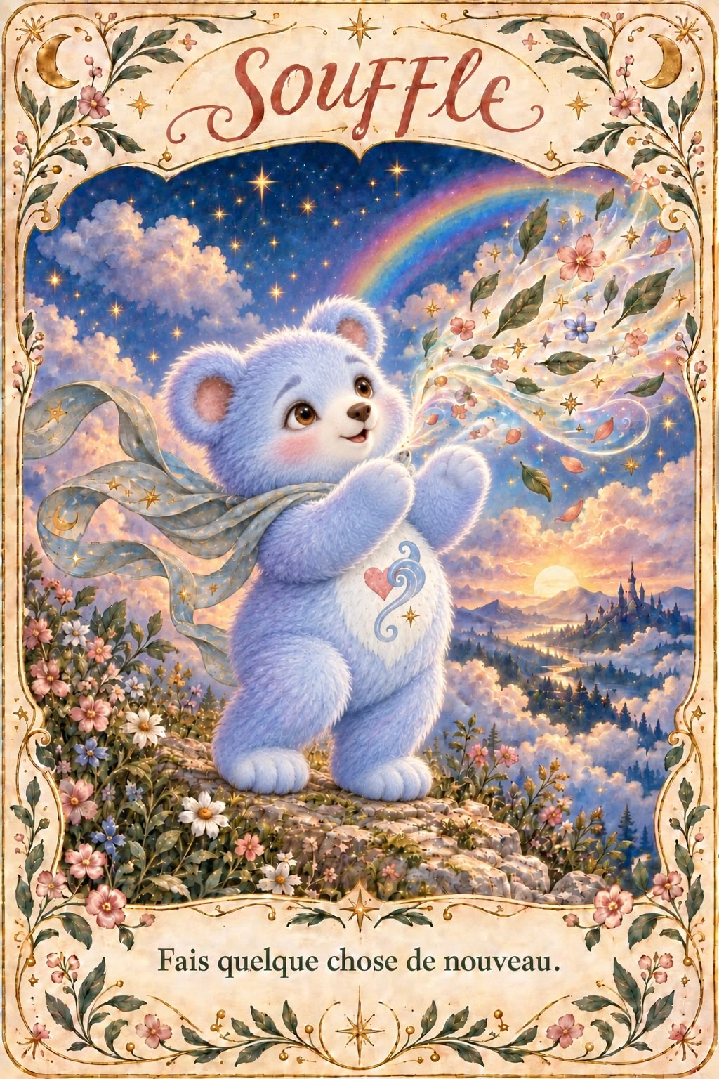 Carte Souffle : un ourson bleu souffle un ruban de fleurs dans un ciel étoilé. Message : Fais quelque chose de nouveau.