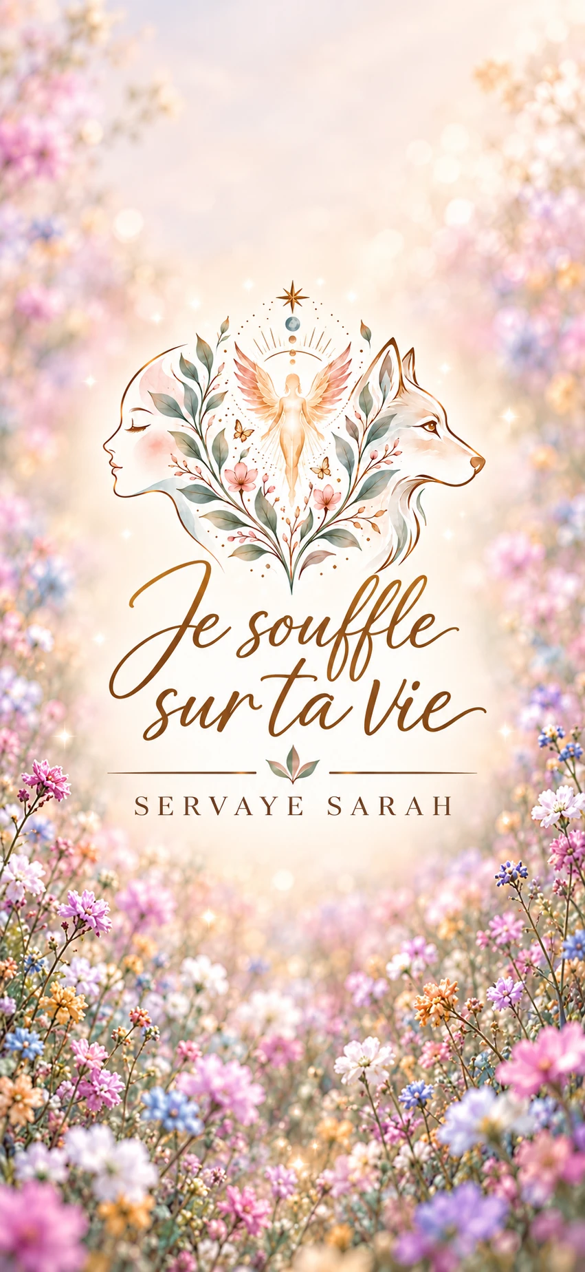 Je souffle sur ta Vie, Sarah Servaye : une silhouette lumineuse entre un visage et un loup, entourée de feuillage et de fleurs.